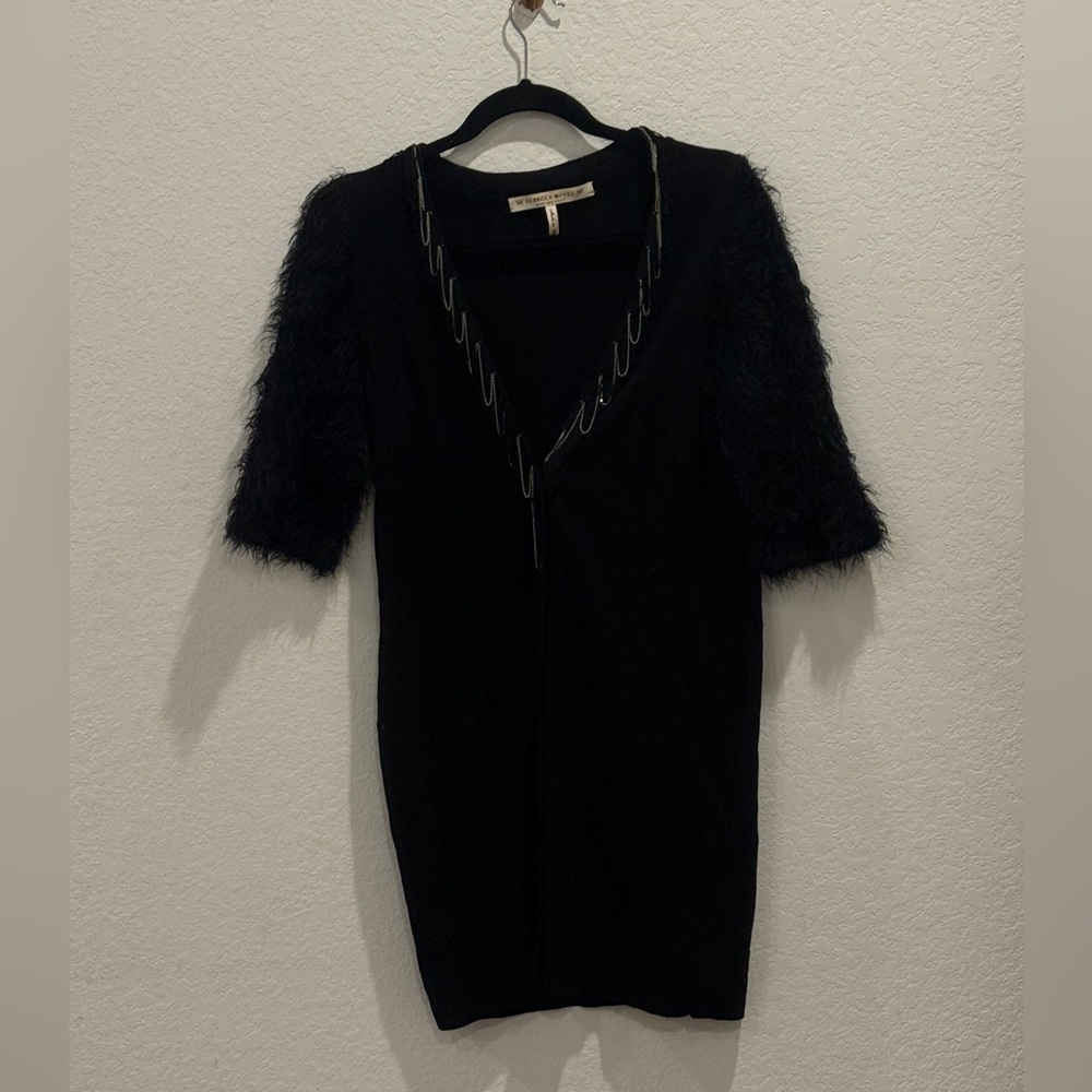 Rebecca Moses Black Mini Dress with Feathered Sleeves